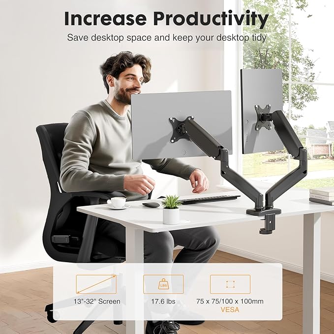 DUMOS Dual Monitor Mount for Desk, Gas Spring Monitor Arm for 2 Monitors Max 32 Inches, Fully Adjustable Double Monitor Mount, VESA Mount with C-Clamp/Grommet Base, Holds Screen 17.6 lbs