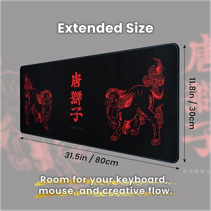 BELLEMOND Japanese Art Desk Mat | Large 31.5x11.8in Anime Mouse Pad for Keyboard & Mouse | Non-Slip Base, Water-Repellent | Original Japanese Design | Kara-jishi - Twin Lions