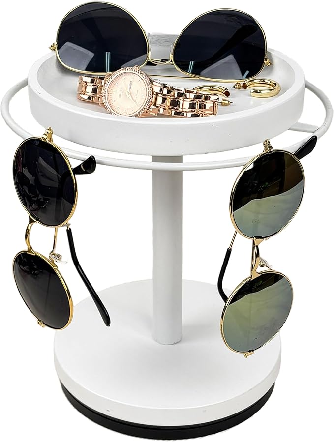 Sunglasses Organizer 360° Rotating Eyeglass Holder Stand with Wood Tray and Base, Eye Glass Display Rack for Multiple Sunglass Storage for Table Dresser Nightstand Desk (White)