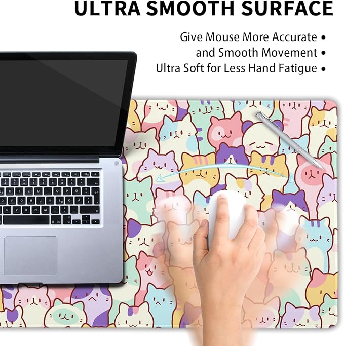 Kawaii Cats Gaming Mouse Pad XL Cute Anime Kittens Japanese Extended Large Desk Mat 31.5”x11.8” Cats Desk Pad for Gamer Non-Slip Rubber Base Stitched Edge Long Keyboard Mousepad for PC Computer Laptop