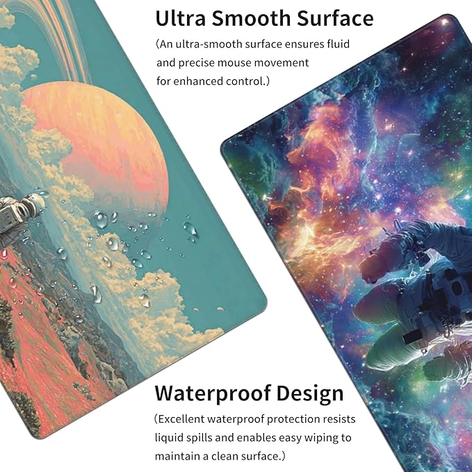 AQQA Double-Sided Extra Large Gaming Mouse Pad, Astronaut and Nebula Art Desk Mat, Smooth Surface, Non-Slip Rubber Base, Waterproof & Durable Stitched Edges for Office and Gaming,31.5”x15.7”