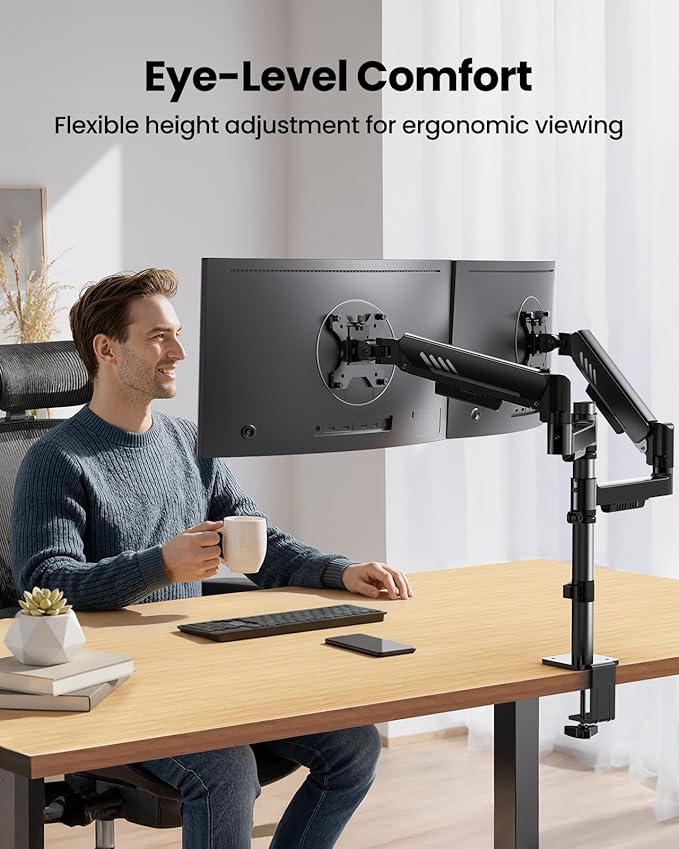 ErGear Vertical Dual Monitor Stand, Stacked Monitor Mount for 13-33″ Screens, Up to 19.8 lbs per Arm, Enhanced Stability with Integrated C-Clamp, Upgraded Cable Management, VESA 75x75/100x100mm, Black