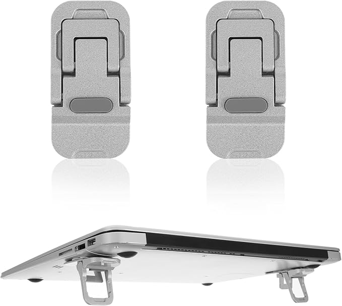 2PCS Zinc Alloy Foldable Laptop Stands, Mini Foldable Laptop Stand, Portable Computer Keyboard Riser, Self-Adhesive Invisible Notebook Stand with 2 Adjustable Angles, Keyboard Lift for Desk (Silver)