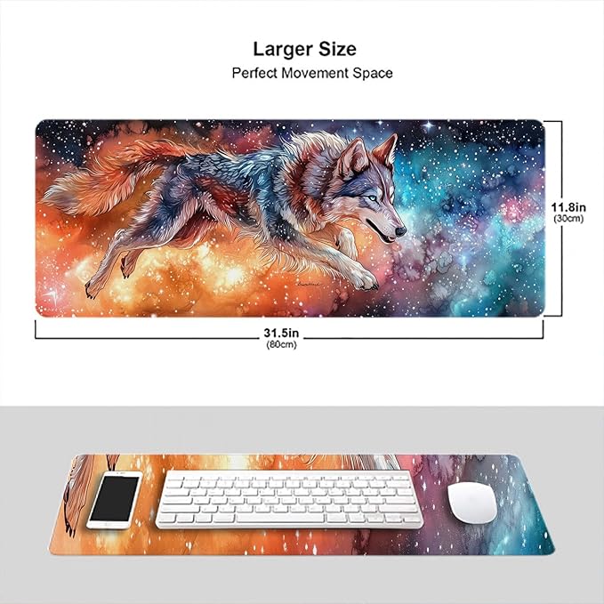 Wolf Mouse Pad Dream Colorful Galaxy Husky Starry Sky Large Gaming Mouse Mat with Stitched Edges,Non-Slip Waterproof Rubber Base Mous Mat Office Computer Keyboard Laptop Home 31.5x11.8 Inch
