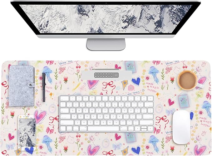 AUPET Leather Large Mouse Pad Desk Blotters – 35 x 17in Cute Desk Mat with PU Surface, Non-Slip Desk Pad Protector,Waterproof Desk Writing Pad for Office Home (Sweet Dreamy Hearts)