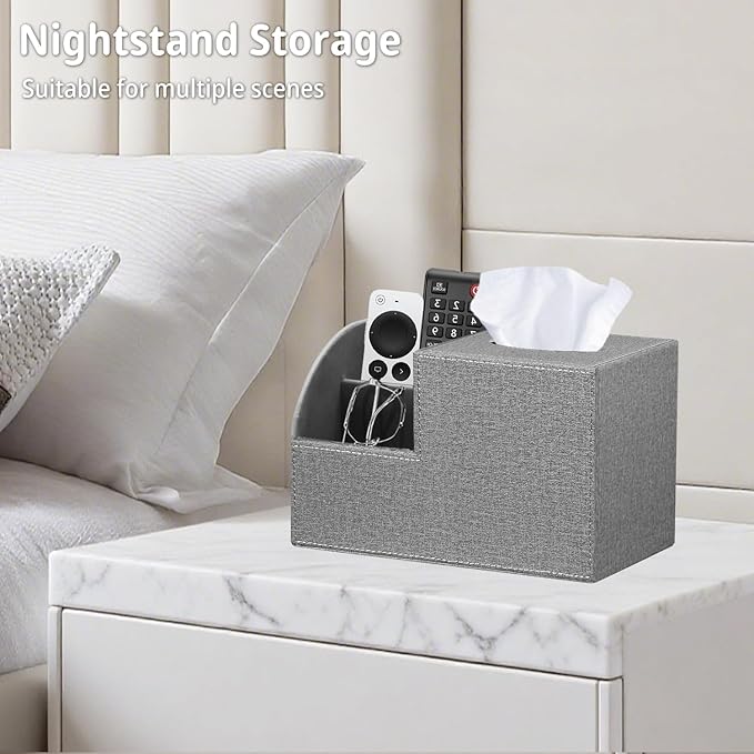 Square Tissue Box Cover with Storage, PU Leather Cube Tissue Box Holder, Remote Control Nightstand Organizer, Modern Desk Caddy for End Table, Bathroom, Bedroom, Home, Office Decor(Grey)