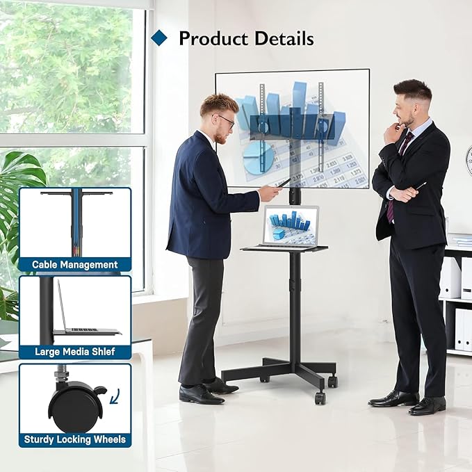BONTEC Mobile TV Stand for 23-65 Inch TVs, Rolling TV Stand with Locking Wheels, Adjustable Height, Media Shelf, Outdoor TV Stand Max VESA 400x400mm, Holds Up to 88lbs
