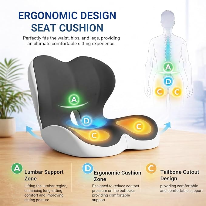 Ergonomic Seat Cushion Set with Lumbar Support Pillow, High-Density Memory Foam Cushion with Non-Slip Base, Posture Support Cushion for Office Chair, Home Chair, Car Seat (Dark Gray + Light Gray)