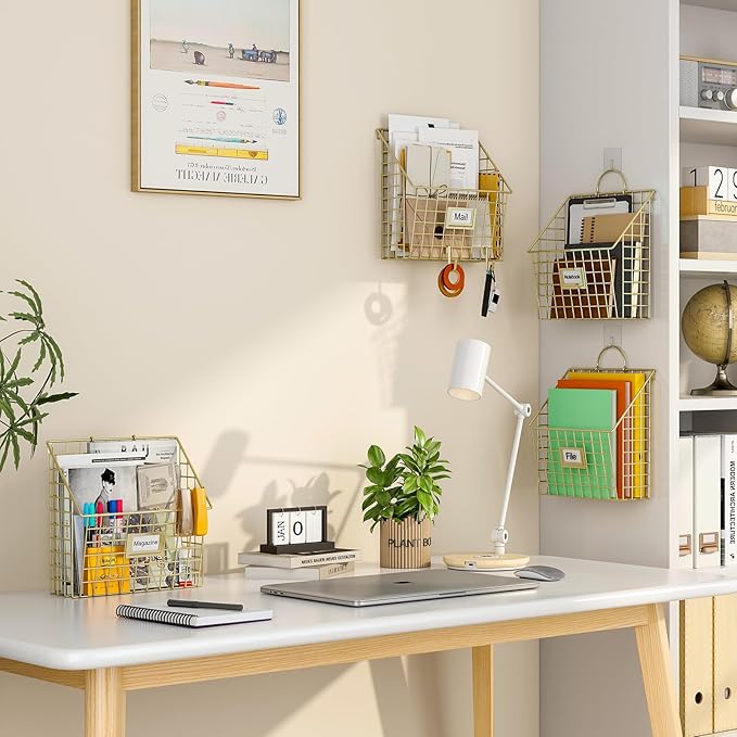 Yuzehuaza Wall File Organizer Mesh Hanging Wall Files Holder,Magazine Rack and Mail Basket with Hooks, Office Wall Organizer for Papers Folders Files Clipboard 4 Packs, Gold(Patent Pending)