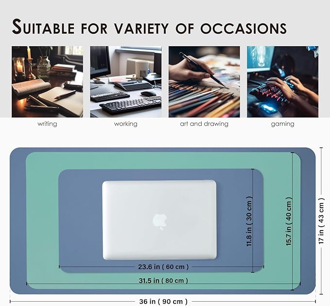 HOMIEAZICOZI Dual Sided Leather Desk Mat - Waterproof Pad for Office and Home Organization Accessories Ideal Large Mouse Mats on Top of Desks(Blue+Green,36''x 17'')
