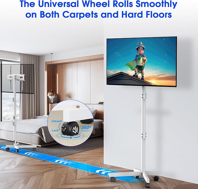 Mobile TV Stand for 23-60 Inch LCD LED OLED Flat Panel Curved Screen TVs up to 88 lbs, Tilt and Height Adjustable, Locking Rolling Wheels TV Cart, Max VESA 400x400mm, White