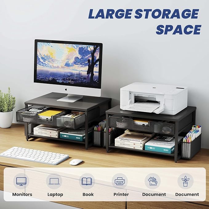 Metal Desktop Printer Stand with Storage Drawer & 2 Pen Holders,2 Tier Home Printer Riser Shelf for Desk with Paper Holder Storage,Multi-Purpose Office Desk Organizer