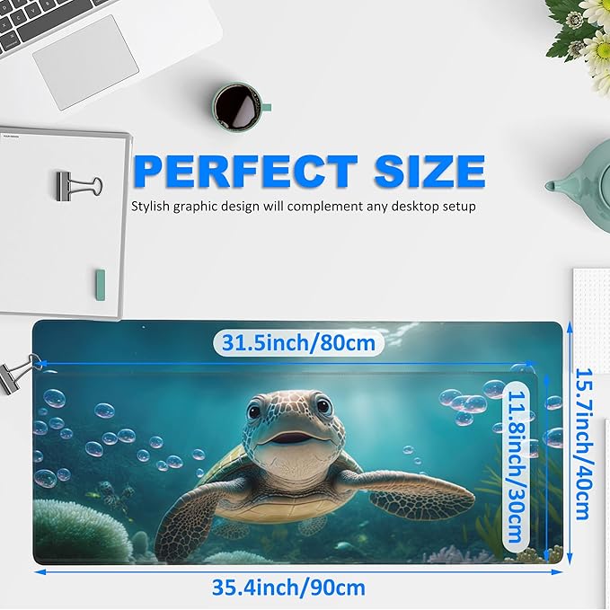 Desk Mat, Cute Turtle Smiling Under The Sea Extended Gaming Mouse Pad Large, 31.5"x11.8" Big Mouse Pad with Non-Slip Base and Stitched Edge, Long Computer Keyboard Mouse Mat for Home Office Work