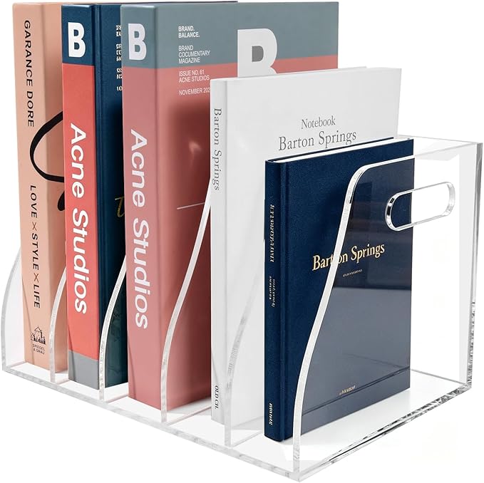 Acrylic Magazine File Holder, 5 Vertical Compartments Desk Document Sorter Organizer, Clear Bookend File Sorter Holder for Office, Documents, Tablets, Magazines, Books
