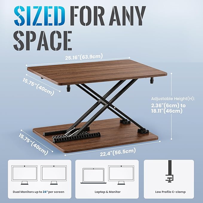 Standing Desk Converter, 25.16" × 15.75" Height Adjustable Laptop Stand for Desk, Sit Stand Monitor Stand, No Assembly Required for Home and Office Use (Natural Wood)