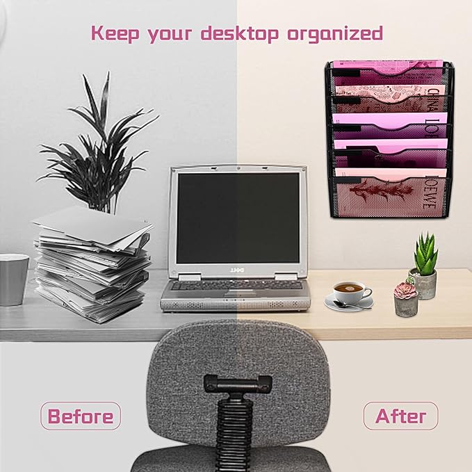 5 Pockets Mesh Wall File Holder Organizer Office Hanging File Folder Magazine Rack, Nametag Label Hooks Set Included (Black)