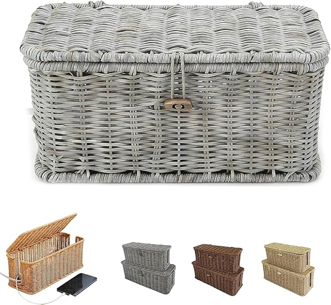 Handwoven Rattan Cable Management Box, Basket to Hide Cords, Container for Tv Wire, Computer, Router, USB Hub (Gray, L：15.7 * 6.2 * 5.9inch)