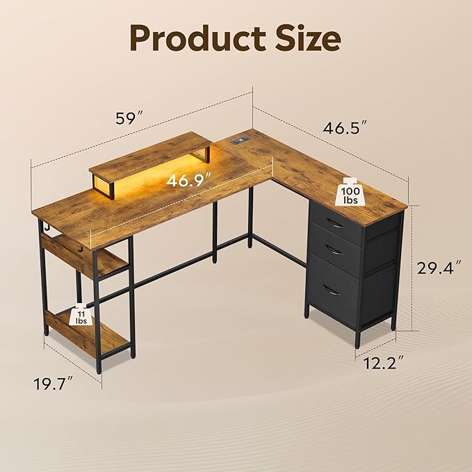 DEVAISE 60 Inch L Shaped Gaming Desk with Drawers and Storage, Corner Desk with LED Lights, Power Outlets, Computer Desk with Monitor Stand, Office Desk for Home, Rustic Brown