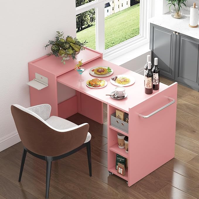 smilesun Folding Dining Table, Wall Mount Foldable Kitchen Table w/Fabric Drawer & Adjustable Storage Shelf, Space Saving Compact Expandable Pull Out Table for Small Spaces, Pink