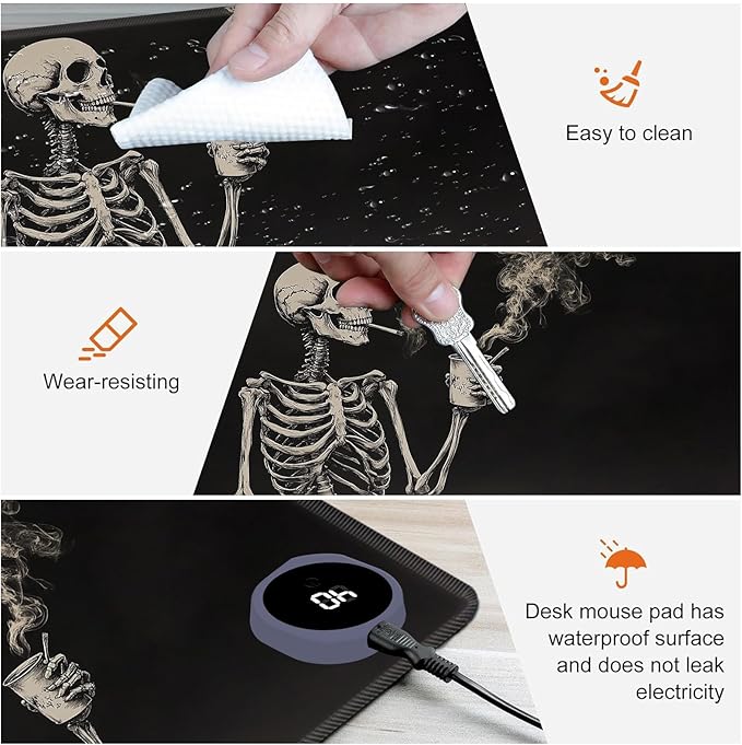 Heated Mouse Pad,Warm Desk Pad with 3 Levels Heating & 3 Hours Auto Shut-Off, PU Leather Heated Desk Pad Warmer Pad for Home Office - 31.5 x 13 inch,Skeleton Drinking Coffee