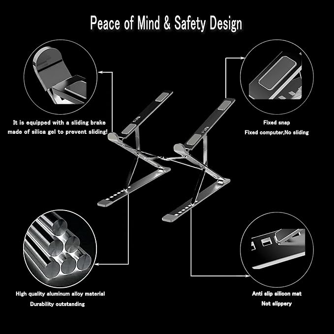 Adjustable Laptop Stand, Foldable Aluminum for 10-17” Laptops, Ergonomic Black