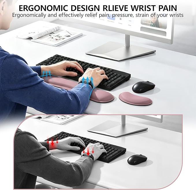 Wrist Rest for Computer Keyboard, Memory Foam Keyboard Wrists Rest, Ergonomic Design Wrist Support for Keyboard for Hand and Arm Easy Typing Pain Relief, 2 Piece Pad, Purplr Pink