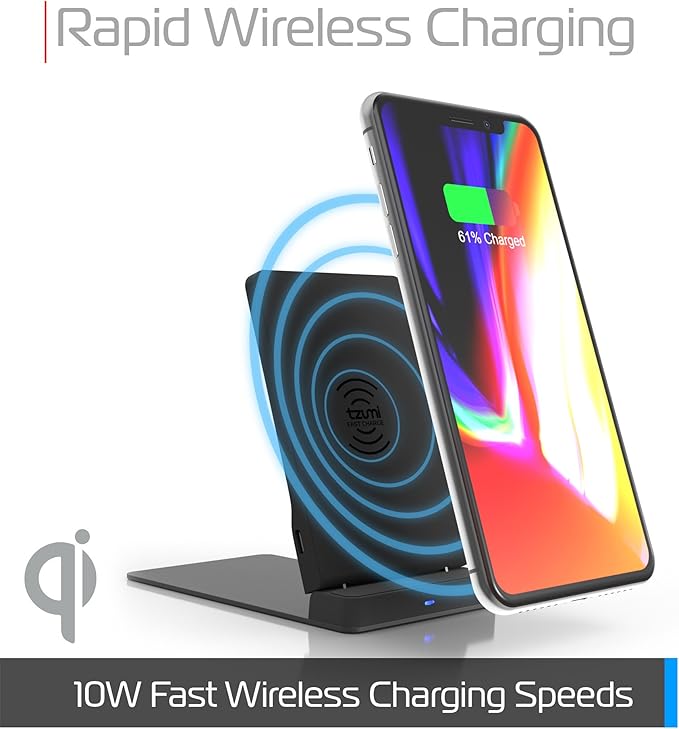 tzumi Multi-Angle Folding Desktop Wireless Charging Pad– Qi Fast Wireless Charger for iPhone X, iPhone 8 and 8+ and Android Qi Devices with Dual Coils. Charges w/USB Cable, AC Adapter Not Included.