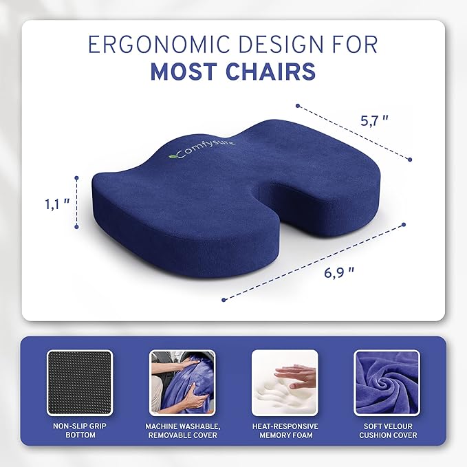 Memory Foam Seat Cushion - Tailbone Pain Relief Cushion, Non-Slip Sciatica Pain Relief Pillow - Cushion for Office Chair, Car, Wheelchair, Computer, Desk Chair - Coccyx, Lower Back Support (Navy)