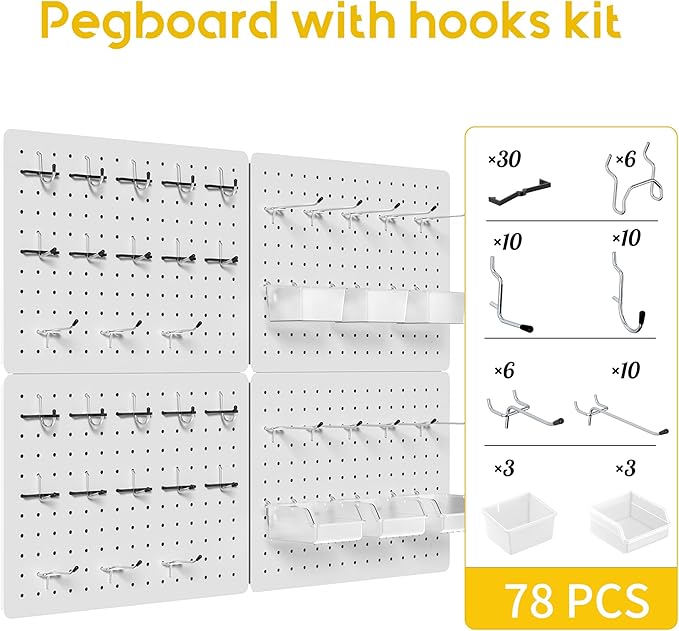 Peg Board for Tools, 4 Pack Metal Pegboard Wall Organizer with Hooks,16"×12" White Pegboard Panels for Walls Home, Garage Tool Storage, Kitchen, Office Organization, Craft Room
