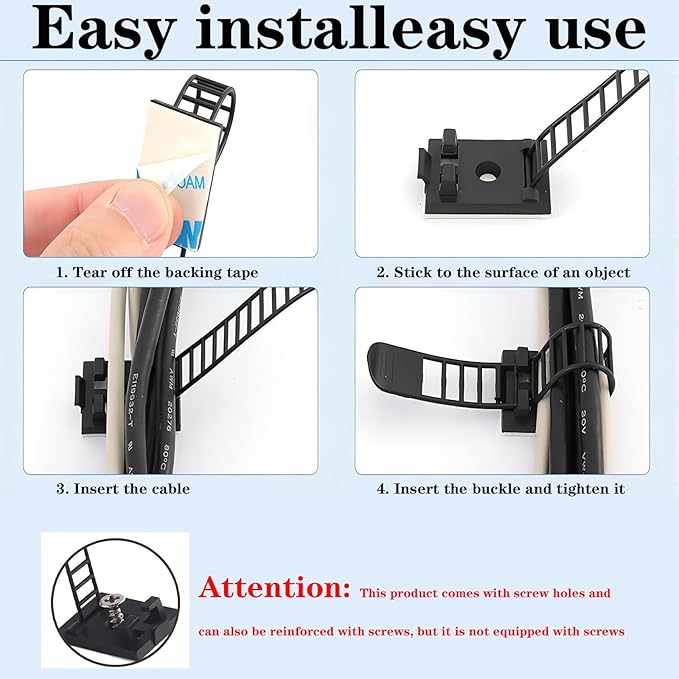 Adjustable Adhesive Cable Management Clips 100Pcs, Large self Adhesive Cable Ties Clips ，Suitable for Cable Management Under desks and on Walls(Black)