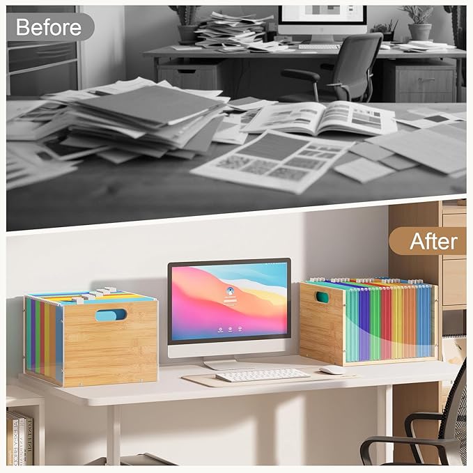 Sbanmao 3 Pack Hanging File Organizer, Clear Acrylic File Box Organizer, Bamboo Filing Box File Crate Organizer Storage Boxes, Portable Filing Organizer with Handle for Letter Size