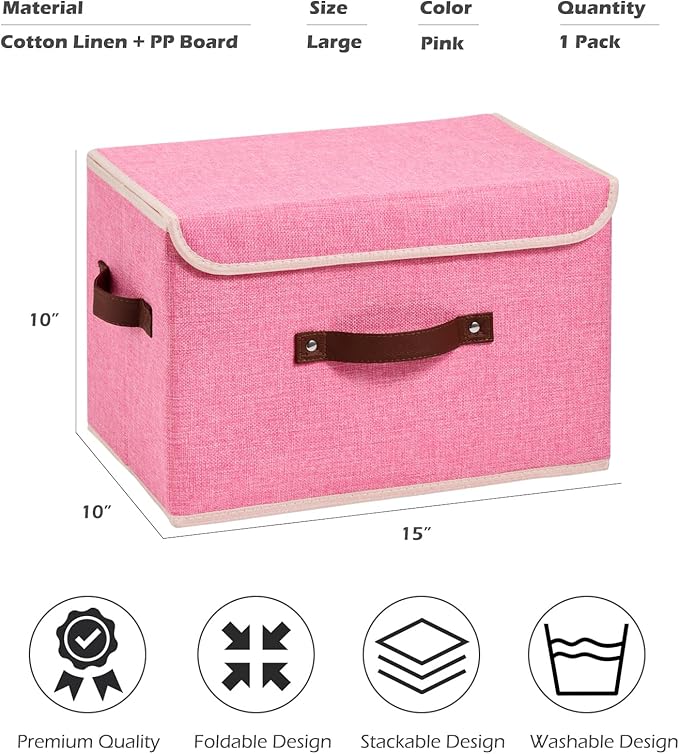Storage Boxes with Lid Cotton Linen Fabric Storage Bins Organizer Container Decorative Collapsible Washable Shelf Baskets Faux Leather Handles for Home Bedroom Closet (Pink, Large)