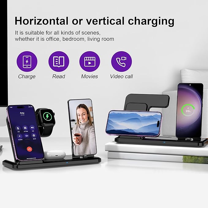 Wireless Charger for iPhone Charging Station, Foldable 4 in 1 Fast Charging for iPhone 16 15 14 13 12 Pro Max Plus, Charger Stand for Apple Watch & Airpods 4 3 2 Pro,for Samsung Series White
