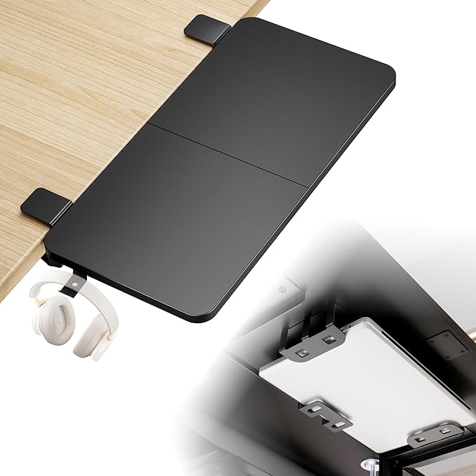 PEGZONE Desk Extender Tray, 24" x 12" Clamp On Desk Shelf, Desk Extension with Laptop Holder, Table Desk Arm Rest, Clamp On Keyboard Tray for Office and Home, Workstation Organizer, Medium, Black
