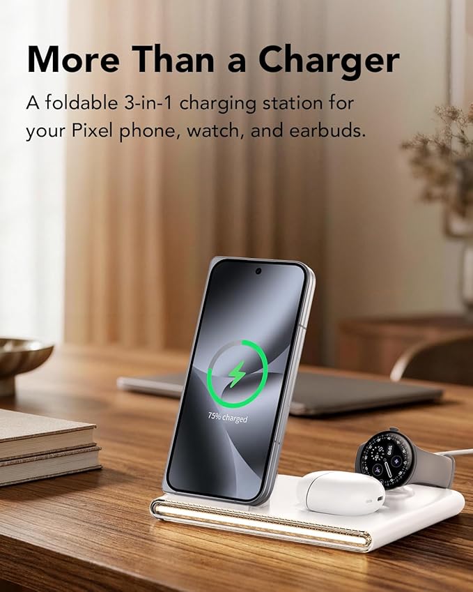 3 in 1 Foldable Charging Station for Google Pixel Watch 4, Wireless Charger for Google Pixel,Fast Wireless Charger Stand, Travel Charger for Pixel 10 Pro/Pro XL/Fold,Buds Pro 2(Only for Watch 4)