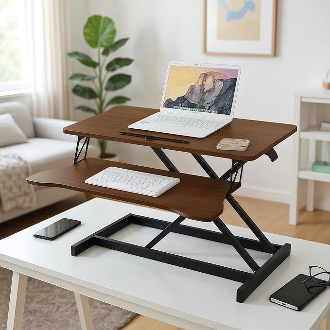 Instant Ergonomic Standing Desk Converter - 32" Wide, No Assembly, Sit-Stand Workstation for Pain Relief & Productivity (Walnut)