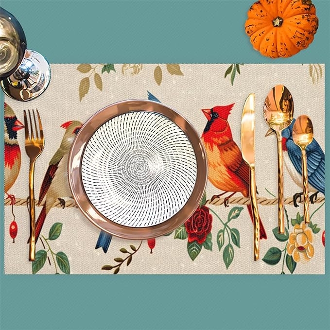 Placemats Set of 4 Heat-Resistant Rectangle Place Mats Retro Bird Cardinals Washable Plastic PVC Dining Table Mat Non-Slip Wipeable Woven Vinyl Placemat for Kitchen Patio Table Decor