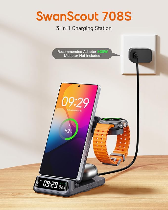 SwanScout 3-in-1 Wireless Charging Station for Samsung S25 Ultra/S25/S24/S23/S22/Z Flip7, Foldable Wireless Charger for Galaxy Watch 8 Classic/8/Ultra/7/FE/6/5, SwanScout 708S (No Adapter)