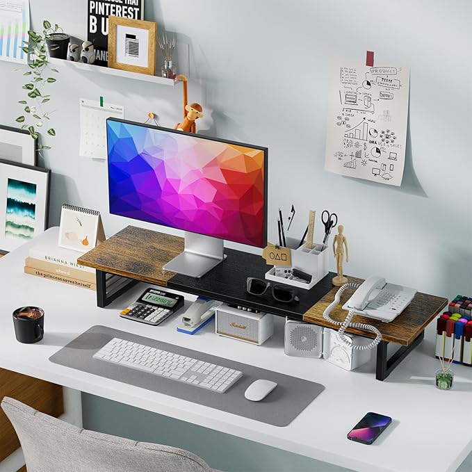 Simple Trending 38 Inch Dual Monitor Stand Riser, Wood and Steel Desk Organizer for 2 Monitors, Home Office, Rustic Brown
