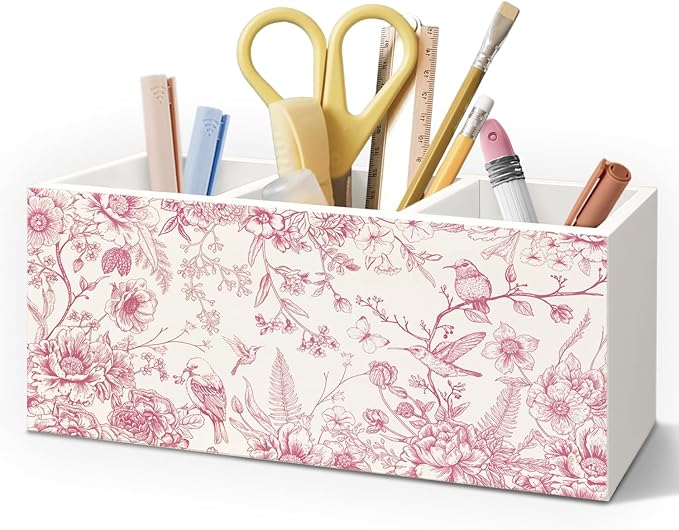 Chinoiserie Floarl Pen Holder for Home Office Desk, Vintage Home Decor, Chinoiserie Blue and White Floral Birds Makeup Brush Toothbrush Holder Organizer for Bathroom Desk Accessories(Pink)