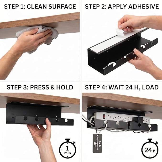 Under Desk Cable Management Tray No Drill, Cord Organizer for Desk, Wire Organizer, Cable Tray for Home Office Standing Desk, Wire Managment, Cord Hider, Set of 2 pcs (Black)