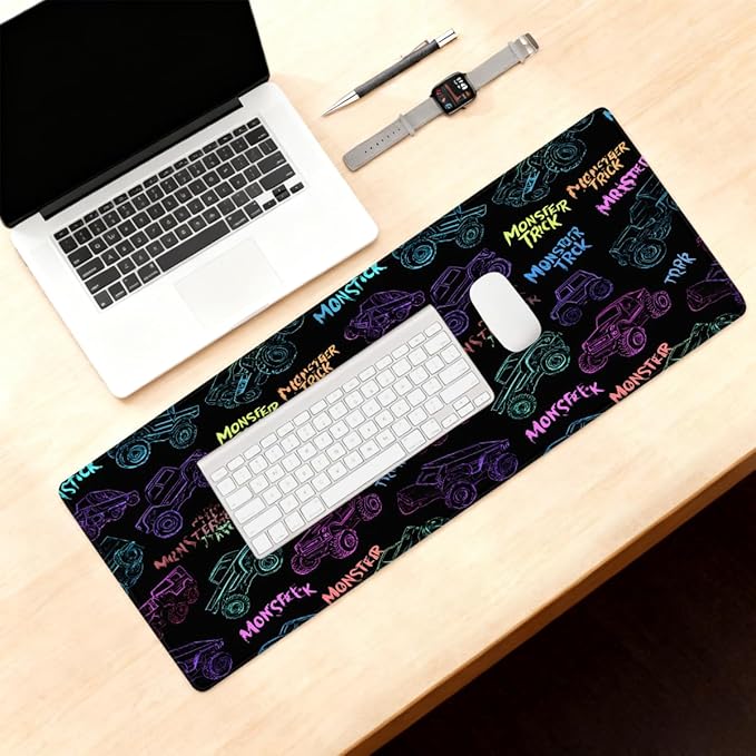 Large Mouse Pad Monster Truck Non-Slip Rubber Long Gaming Desk Mat Big Computer Keyboard Mousepad Waterproof Protector Wristing Pad for Gaming Office Home Decorative 31.5 X 11.8 Inch