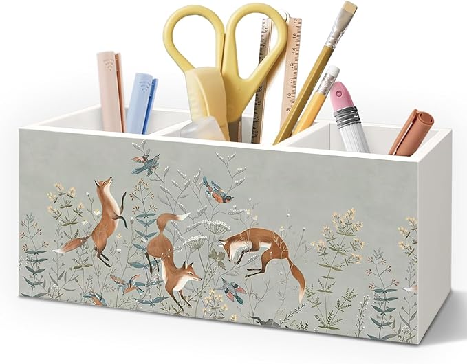 Vintage Fox Wooden Pen Pencil Holder for Desk Accessories, Fox Gifts for Women, Woodland Foxes and Birds Floral Botanical Wood Makeup Brush Toothbrush Holder Organizer for Vanity Bathroom