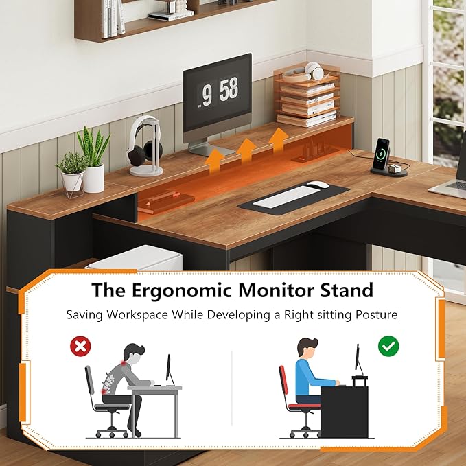 YOMILUVE 63" Farmhouse L Shaped Executive Desk with Drawers & Storage Shelf, Corner Computer Desk with Power Outlets, L Shaped Office Desk with Monitor Stand, Printer Shelf, Brown and Black