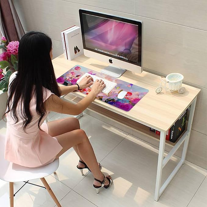 Butterfly Floral Large Mouse Pad Desk Pad, 27.5x11.8in Dreamy Floral Extended Keyboard Mouse Mat with Stitched Edges,Waterproof Non-Slip Rubber Base for Office, Laptop,Computer and Home