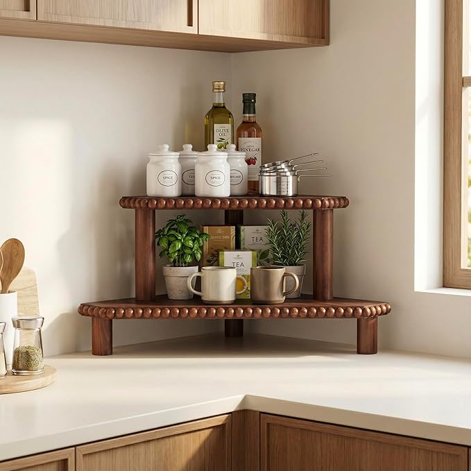 2-Tier Rustic Corner Shelf for Kitchen Counter,Wood Beaded Farmhouse Countertop Organizer with Removable Feet, Stackable Bathroom Vanity & Coffee Bar Decorative Riser Stand(Rustic Walnut)