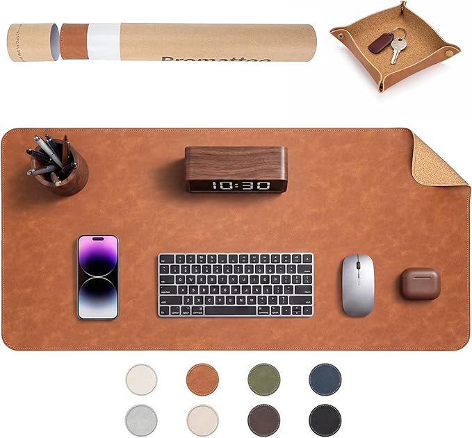 Premium Faux Leather Desk Mat & Tray Set，Innovative Cork-Look Printed Base，Gift Tube Packaging，Full-Desk Coverage，Non-Slip Desk Pad for Office Home（Cognac Brown）