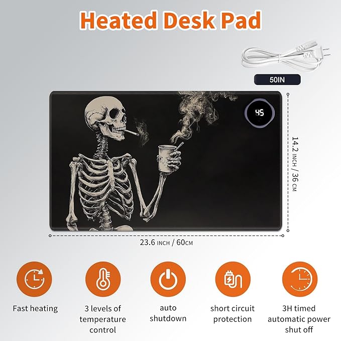 Heated Mouse Pad,Warm Desk Pad with 3 Levels Heating & 3 Hours Auto Shut-Off, PU Leather Heated Desk Pad Warmer Pad for Home Office - 23.6 x 14.2 inch,Skeleton Drinking Coffee
