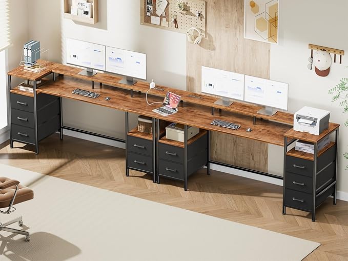 Korfile 61 Inch Gaming Desk with Power Outlets and LED Lights, Reversible Computer Desk with 5 Fabric Storage Drawers, Home Office Desk with Monitor Stand for Working Writing Study, Rustic Brown
