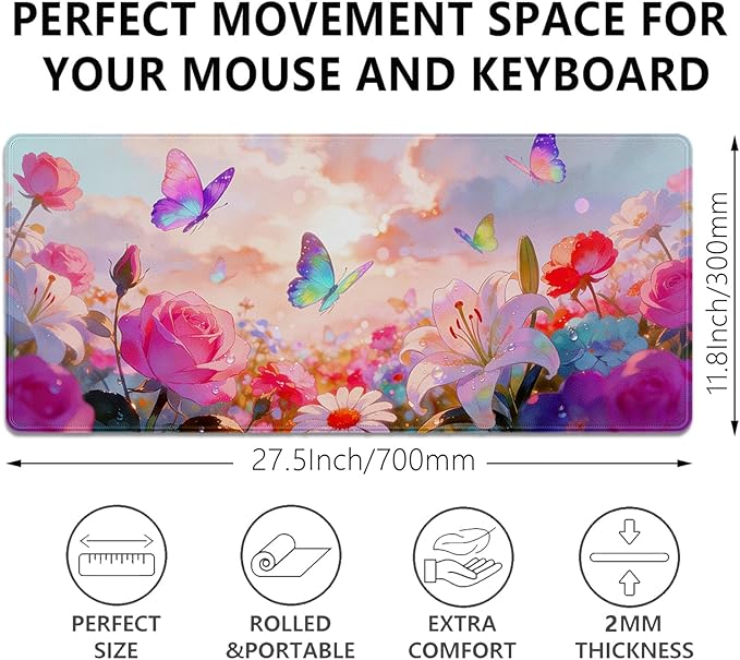 Butterfly Floral Large Mouse Pad Desk Pad, 27.5x11.8in Dreamy Floral Extended Keyboard Mouse Mat with Stitched Edges,Waterproof Non-Slip Rubber Base for Office, Laptop,Computer and Home